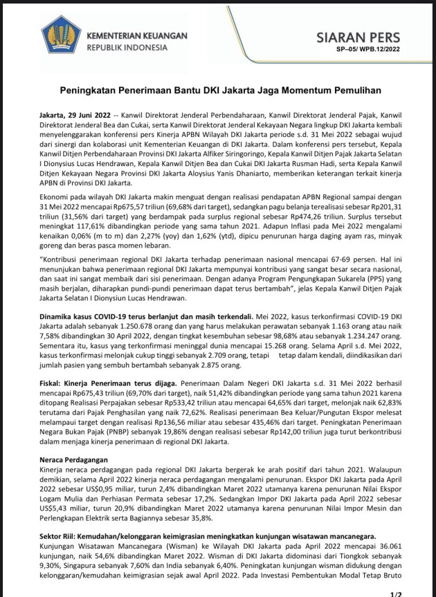Peningkatan Penerimaan Bantu DKI Jakarta Jaga Momentum Pemulihan