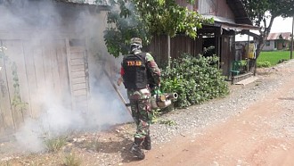 Tak Lupakan DBD, Babinsa Bantu Fogging Desa Kayu Bawang Gambut